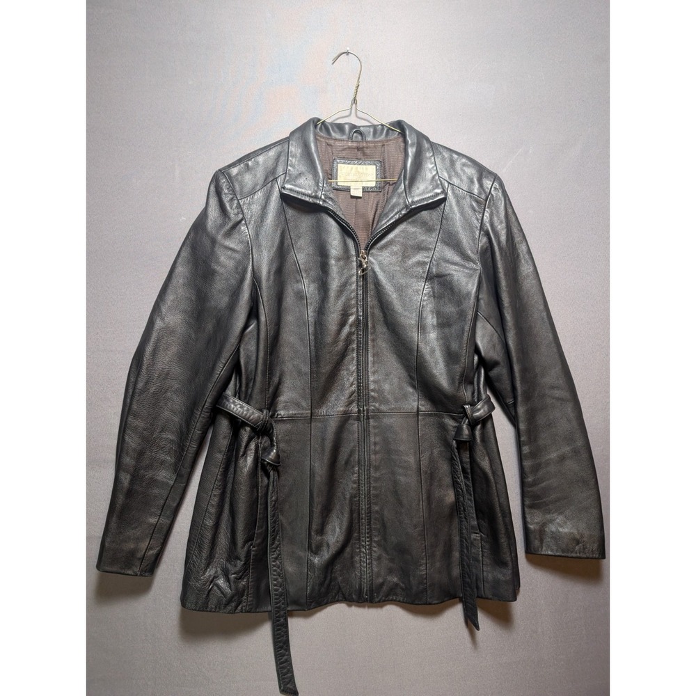 Worthington Lambskin Leather Jacket Womens Large Black Belted Waist Full Zip